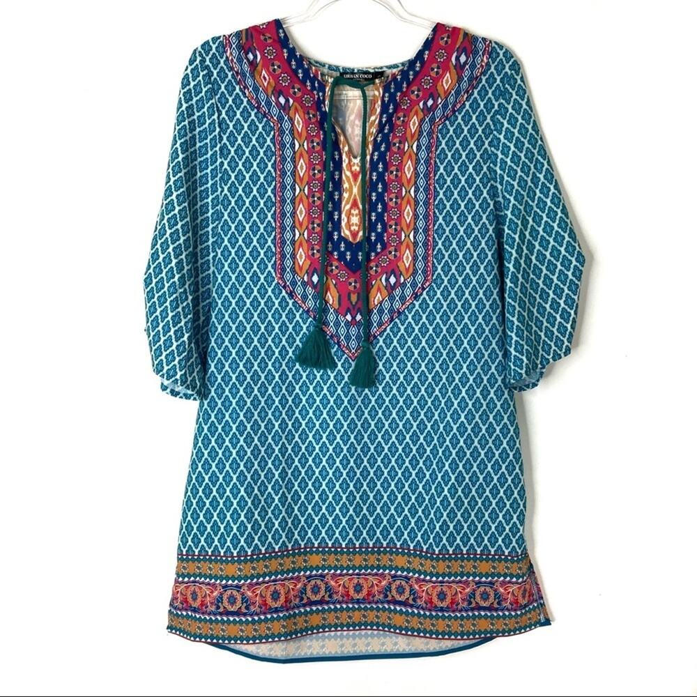 3/$30 Urban Coco | Teal Bohemian Tassel Geometric Patterned Mini Dress S
